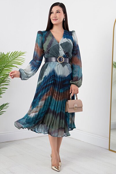 PULLIMM Kruvaze Yaka Puanlı Kemerli Şifon Elbise GRS3286