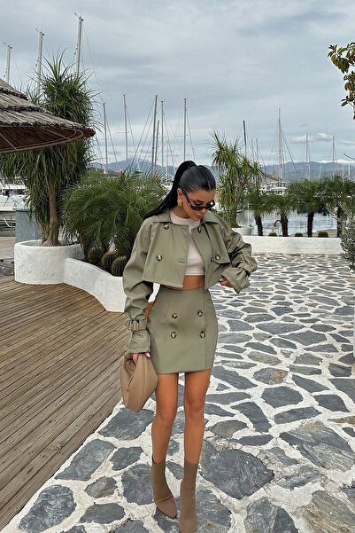 Eyyo Coco Khaki Button Detail Skirted Suit ATE-0620