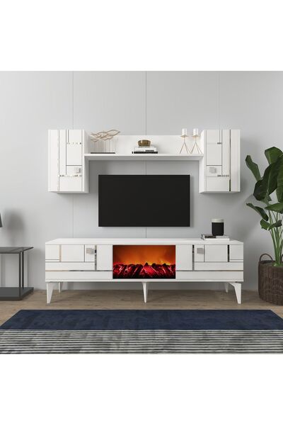 DEMONTE DECOR MADERA ŞÖMİNELİ TV ÜNİTESİ TAKIMI BEYAZ-GÜMÜŞ