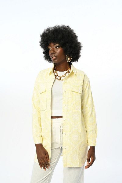 Orfeo Negro Patterned Double Pocket Yellow Gabardine Shirt Jacket