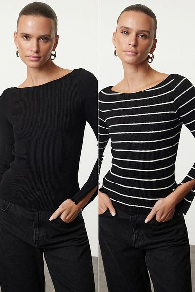 Trendyol Collection Fekete és ekrü sima csíkos alap kötöttáru pulóver szett 2 darabból - TWOAW25KZ00369