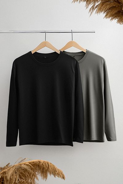 Edit by Trendyol Black-Grey 2-Pack - 100% Cotton Slim Fit Men's Long Sleeve T-Shirt Tedaw25Ts00009