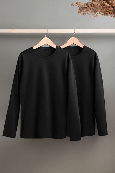 Edit by Trendyol 2 balení černo-černá 100% bavlna Slim Fit pánská trička s dlouhým rukávem - Tedaw25Ts00009