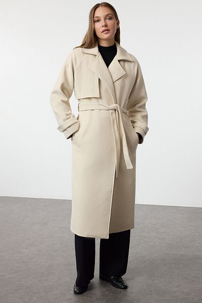 Trendyol Collection Übergroßer Trenchcoat aus Ecru-Wolle – TWOAW25KB00087