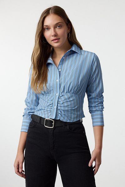 Trendyol Collection Blue Striped Fitted Crop Shirt - Gathered, Waist-fitted Woven Twoaw25go00107
