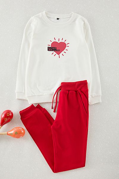 TRENDYOLKIDS Ecru Girl's Heart Printed Knitted Top and Bottom Set Tkdaw25Au00115
