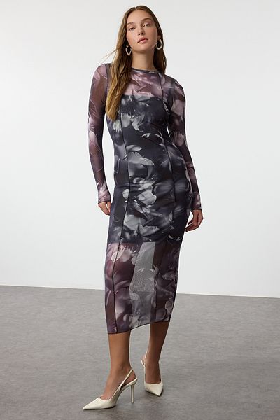 Trendyol Collection Anthracite Midi Knitted Dress - Tulle Lined, Fitted Twoaw24El00164
