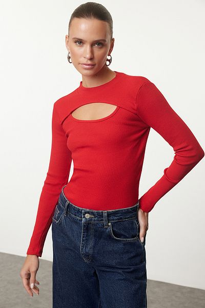 Trendyol Collection Stretchy Corded Red Knitted Blouse - Crew Neck, Window Detail Twoaw21Bz0642