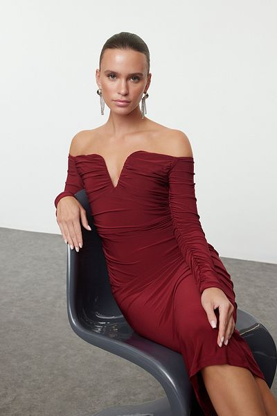 Trendyol Collection Πλεκτό φόρεμα Carmen Collar Claret Red - TPRAW25EL00073