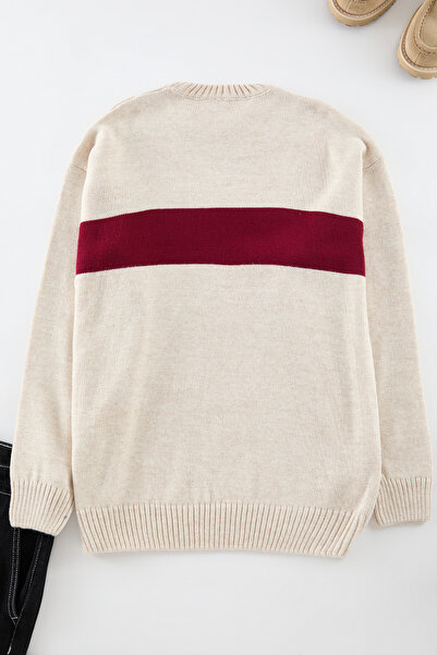 Trendyol Collection Μπεζ πλεκτό πουλόβερ με κανονικό λαιμόκοψη αντίθεση χρωμάτων TMNAW25KZ00014