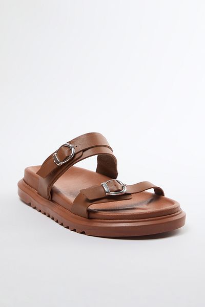 TRENDYOL SHOES Tan Women's Slippers - Double Buckle, Brown Thick Sole Takaw25Te00008