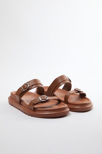 TRENDYOL SHOES Tan Women's Slippers - Double Buckle, Brown Thick Sole Takaw25Te00008