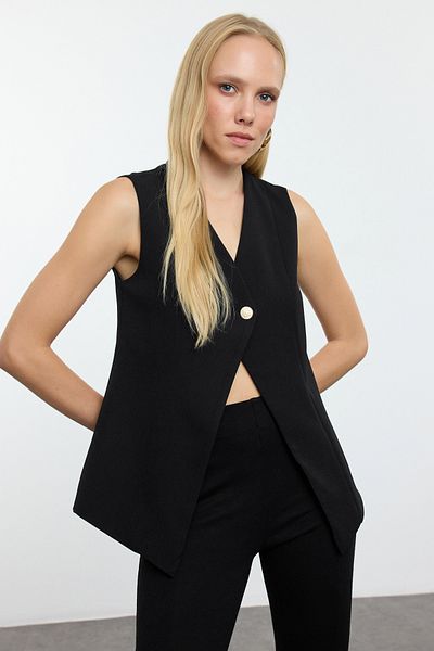 Trendyol Collection Black Regular V-Neck Button Detail Woven Vest Twoaw25Ye00071