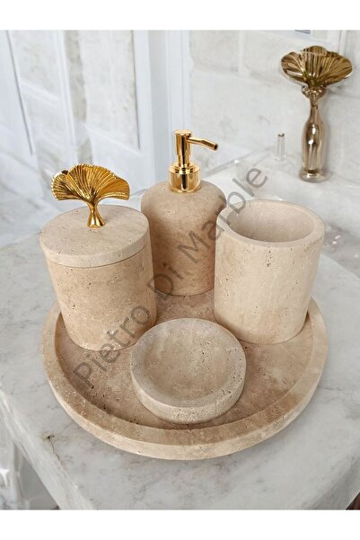 Pietro Di Marble Sarı Traverten Klasik Model 5 Parça Gold Renk Japon Gülü Aks...