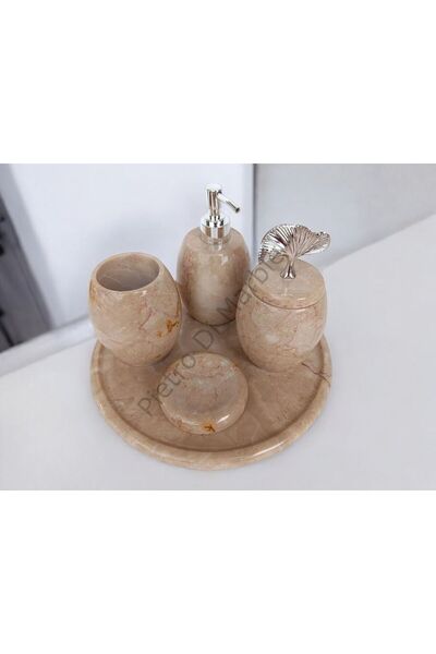 Pietro Di Marble Bej Mermer Oval Model 5 Parça Gümüş Renk Japon Gülü Aksesuar...