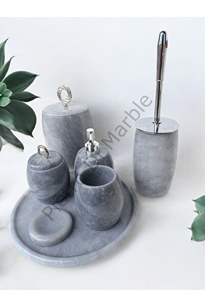 Pietro Di Marble Gri Mermer Oval Model 7 Parça Gümüş Renk Halka Aksesuarlı Ba...