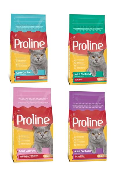 Pro Line Tavuk , Balık , Kuzu , Renkli (Kilitli Ambalaj) Kedi Maması 1200 gr X 4 Paket