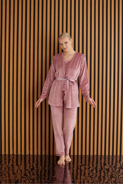 Pijamoni Francais Velvet 3-Piece Pajama Set - Pijamoni Patterned, Rose Board - 5547