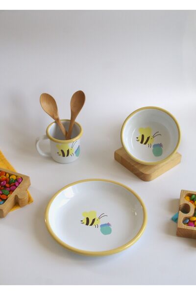 Elifle Emaye Tabak Kase Kupa 3'lü Çocuk Set Mama Takımı Çocuk Yemek Takımı