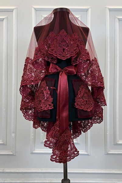 ZEYMERADE طقم حجاب زفاف باللون الأحمر الداكن، حجاب لامع، حجاب ليلي مطرز بالحن...