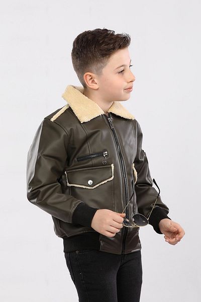 Go Veform Boy's Fur Faux Leather Sports Coat - Khaki Avm201 Compatible