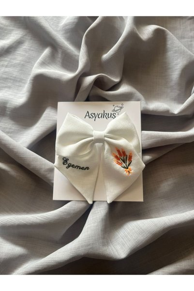 asyakuş Name and Orange Lavender Flower Embroidered Bow Automatic Buckle
