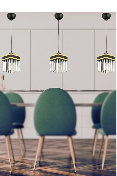 SONSUZ AYDINLATMA&AVİZE Queen Infinite Single Black Pendant Lamp Crystal Stone Yellow Strip Square Downward Facing Luxury Chandelier