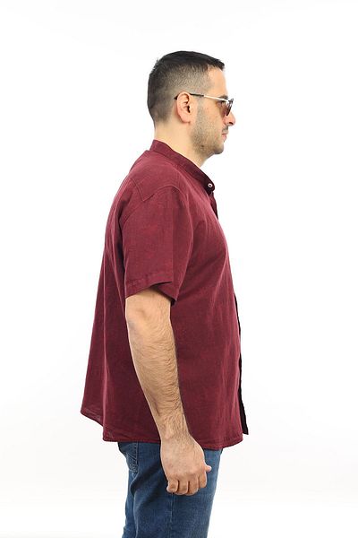 TOUSUS Cămașă cu mânecă scurtă pentru bărbați, mărime mare, culoare burgundă, cu model de frunze, cu buzunar, guler domnitor KK-8005-TSS