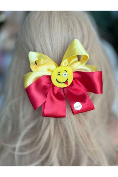 QUEEN AKSESUAR Жълта и червена сатенена фиба за коса с усмивка - с панделка, ...