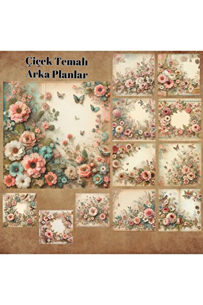 Pink Swan Craft Çiçek Temalı Arka Plan Vintage 12 Adet Scrapbook Bullet Journ...