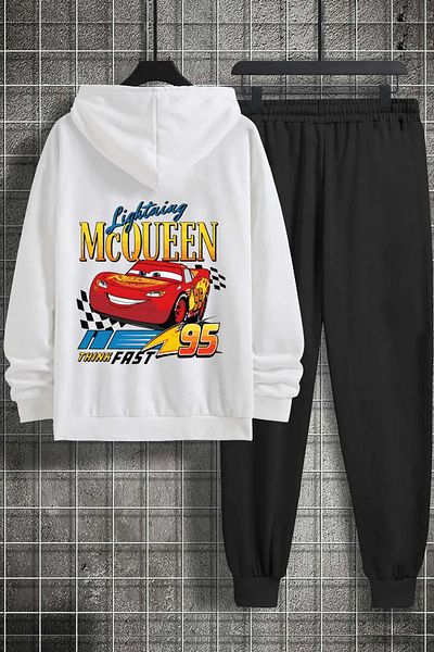 aynewmoda Hanorac oversize alb cu glugă imprimat mcqueen față spate și set de pantaloni de trening negri