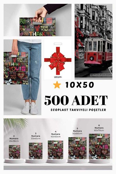 ECOPLAST No:6 500 Pieces 60X70Cm Printed Reinforced - Store, Bag, Pharmacy, Bijouterie Clothing Mixed Pattern
