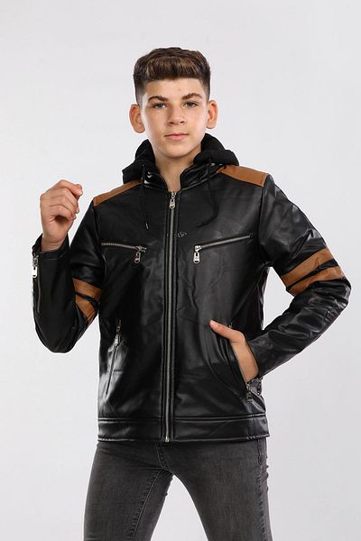 Veform Boy's Coat - Furry Inner, Hooded, Waterproof, Faux Leather, Black/ Brown Avm097Vf