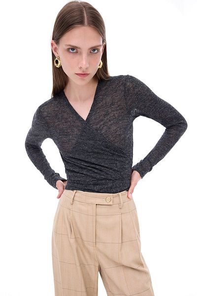 Perspective Bonnie V-Neck Slim Fit Anthracite Women's Cardigan - Short Length Fitted Sleeve