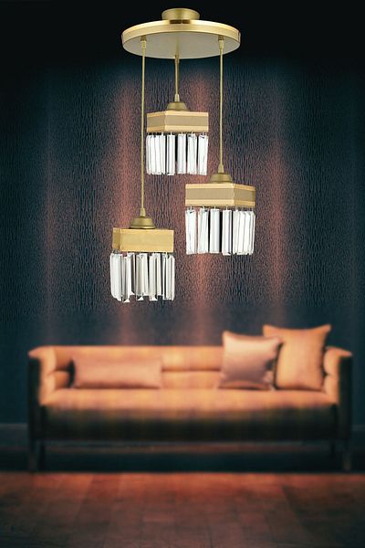 SONSUZ AYDINLATMA&AVİZE Infinite 3-Piece Antique Pendant Lamp with Crystal Stones and Yellow Stripe Square Downward Facing Luxury Chandelier