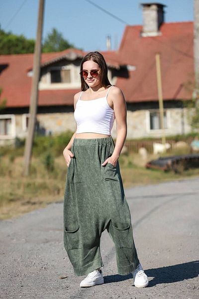 AYASOFYA OTANTIK Khaki Women's Knitwear Trousers - Bag Pocket Detail, Distressed Wide Leg, Loose Cotton