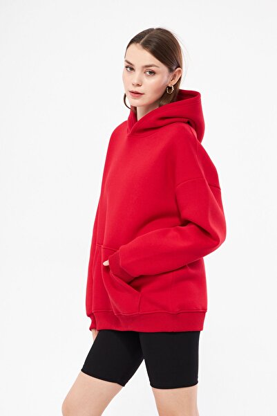 YÜKSEL IŞIK Unisex Kırmızı Renk Basic Sweatshirt Kapşonlu Hoodie %100 Pamuklu