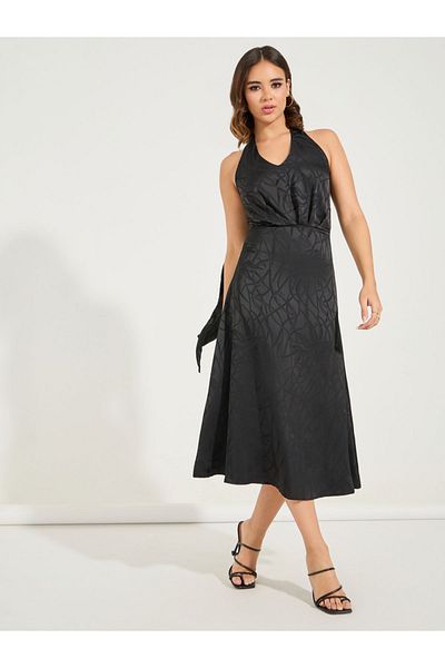 Styli Halter Neck Jacquard A-Line Midi Dress
