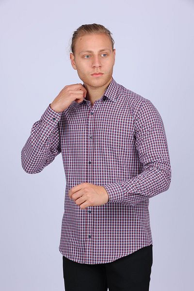 TOUSUS Мъжка риза Slim Fit Plaid в червено бордо Slm-5008-tss