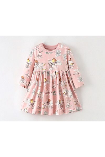 Petityu Pink Long Sleeve Girl's Cute Dress with Rabbit and Fairy Pattern