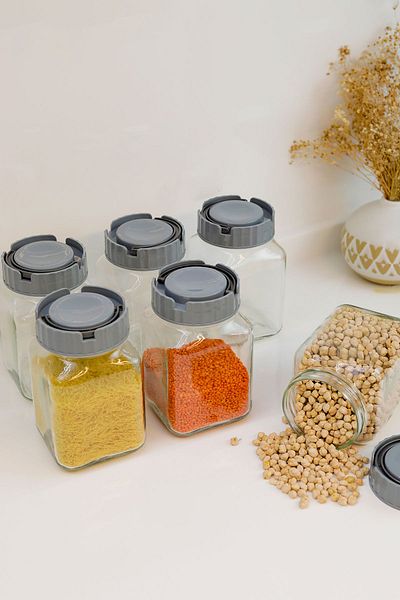 ZURİ DESİGN 1600 ml 6 Pieces Glass Jar Set - Food Storage Container with Carrying Handle