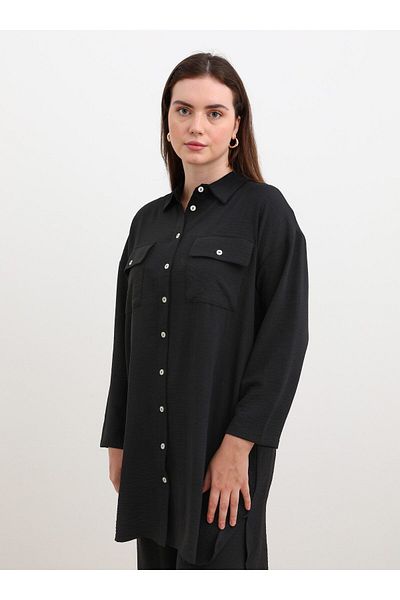 ALİA Large Size Black Aerobin Set - Pocket Detailed Tunic and Trousers Double