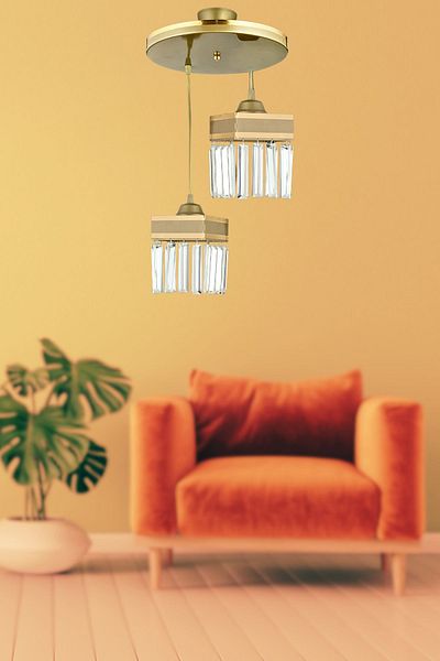 SONSUZ AYDINLATMA&AVİZE Infinite 2-Piece Antique Pendant Lamp with Crystal Stones and Yellow Stripe Square Downward Facing Luxury Chandelier
