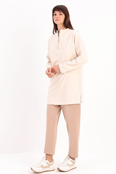 ALLDAY Beige Open Stand Collar and Zippered Robe Tunic