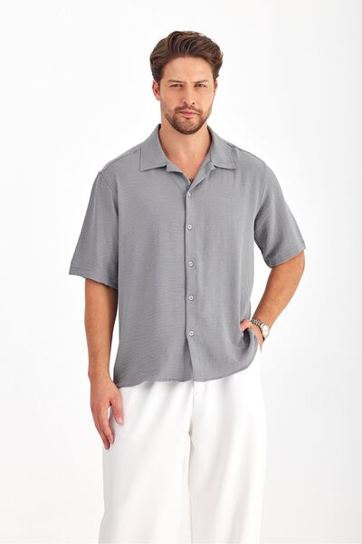 Gray Clothing Ανδρικό καλοκαιρινό πουκάμισο με υφή λινό σε γκρι oversize - κο...