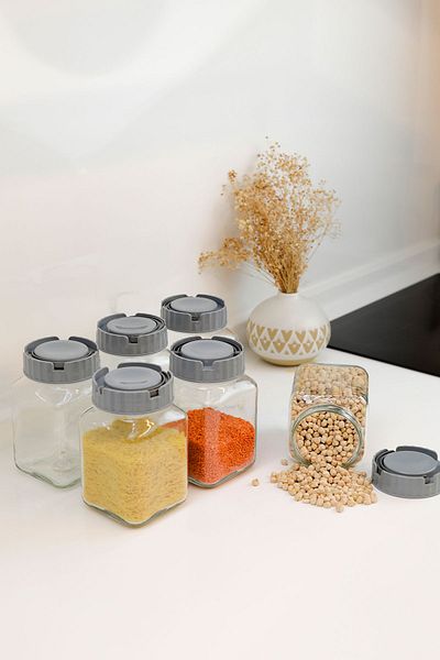 ZURİ DESİGN 1600 ml 6 Pieces Glass Jar Set - Food Storage Container with Carrying Handle