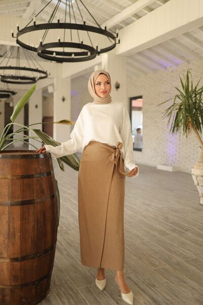 Ravza giyim Women's Linen Blended Blouse Skirt Bottom Top Set