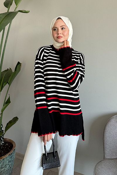 InStyle Pulover tricotat negru cu guler tricotat și dungi