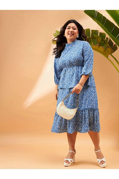 Sassafras By Styli Plus Floral Print Tiered Midi Dress