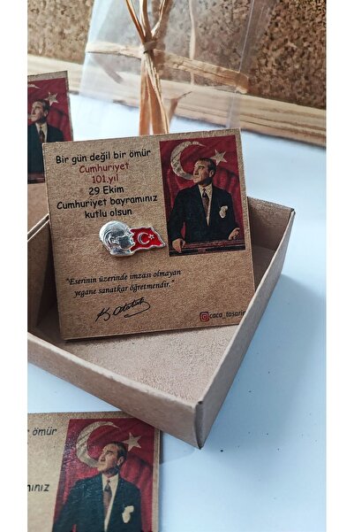 Atatürk and Turkish Flag Badge Brooch Metal Silver Color 2-Piece Set 29 October Republic Day